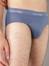 Pack de tres slips Calvin Klein de algodón stretch en color azul, celeste y beige, con cintura elástica con logo de la marca.
