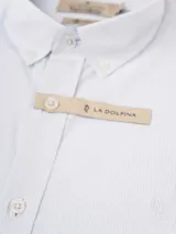 Camisa celeste de manga larga con microcuadros blancos, cuello abotonado y logo bordado en el pecho.