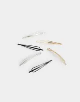 Set de seis horquillas metálicas para el pelo, con forma de gota y terminación en plateado, dorado y negro.