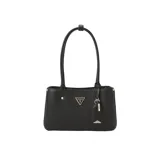 Cartera tote Guess Meridian color negro con logo triangular metálico en el frente y llavero colgante con logo.