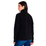 Campera polar de mujer Caterpillar, color negro con detalles en lila. Cuenta con cierre frontal, bolsillo en el pecho con cierre y bolsillos laterales.