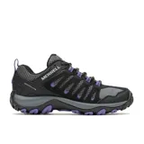 Championes de trekking Merrell Crosslander 3 para mujer, color negro con detalles en gris y violeta. Capellada de cuero y textil con puntera reforzada, forro de malla transpirable, plantilla Kinetic Fit BASE removible, entresuela de EVA y suela de goma con tecnología Merrell Air Cushion.