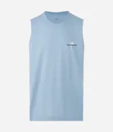 Musculosa masculina color celeste, de corte comfort, cuello redondo y sin mangas. Presenta un estampado localizado de palmera en el pecho.