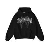 Hoodie negro corte oversize de felpa gruesa 100% algodón, con estampado blanco de alta durabilidad en el pecho con el texto "Rockerstudios" en tipografía gótica y la frase "Rockers Underground Culture". Capucha con doble tela y cordones ajustables.
