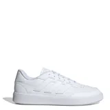 Championes Adidas Courtblock de cuero sintético blanco con las tres tiras características de la marca en los laterales.