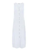 Vestido largo blanco de lino y viscosa, sin mangas, con cuello en V y cierre frontal con botones.