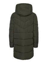 Campera acolchada verde oscuro con capucha, cierre frontal con cremallera y bolsillos laterales.