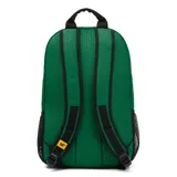 Mochila azul con estampado geométrico, logo de la marca en el frente, tirantes ajustables de malla elástica, bolsillo portaobjetos y ranuras para bolígrafos en el compartimento principal, compartimento trasero con bolsillo acolchado para portátil y cierre de cremallera.