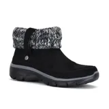 Bota de caña media baja Skechers Relaxed Fit Easy Going Heighten, color negro, de microfibra con textura de gamuza, ribete de tejido tipo jersey plegado en el cuello y plantilla Skechers Air Cooled Memory Foam.