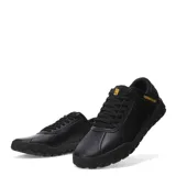 Zapatilla urbana Caterpillar Hex +, color negro, con exterior de cuero napa texturizado y detalles en amarillo. Presenta cordones negros y una suela robusta de goma con patrón hexagonal.