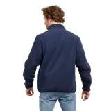 Canguro azul marino de micropolar con cierre frontal, cuello alto, bolsillo vertical en el pecho con cierre y logo de la marca en etiqueta de cuero sintético.