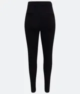 Pantalón legging negro de punto roma, con cintura alta y botones metalizados decorativos en los laterales.