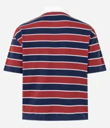 Blusa tipo polo de algodón a rayas horizontales en tonos celeste, amarillo y marrón.