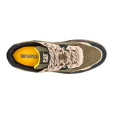 Zapatillas Caterpillar Pause Retro Leather de cuero color verde oliva, con detalles en beige y azul marino.