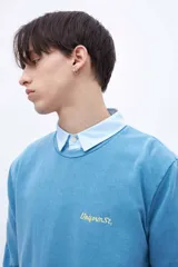 Buzo celeste de felpa liviana con cuello redondo, puños en mangas y bajo holgado. Tiene un bordado pequeño en el pecho con la inscripción "Uniform St.".