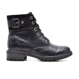 Bota de caña media color marrón, con cordones y hebilla decorativa.