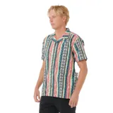 Camisa de manga corta con cuello cubano y estampado de rayas verticales multicolor con motivos geométricos.