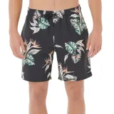 Short de baño para hombre, color negro, con estampado tropical de hojas y flores de ave del paraíso en tonos verde menta, blanco y rosado pálido. Posee cintura elástica con cordón ajustable negro.
