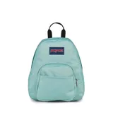 Mochila Jansport Half Pint color celeste con logo de la marca en el frente, asa de mano superior y bolsillo frontal con cierre.