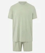 Conjunto de pijama corto para hombre, compuesto por una remera de manga corta con cuello redondo y un short con cintura elástica y cordón de ajuste. El tejido es malla flameada con efecto mezcla en tono verde claro.