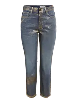Pantalón de jean azul con efecto metalizado dorado.