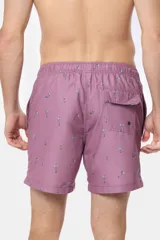 Short de baño clásico azul con estampado de palmeras, con cintura elástica y cordón regulable, dos bolsillos laterales y suspensor de malla fina.