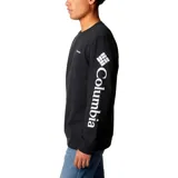 Buzo negro de cuello redondo, manga larga con puños y dobladillo acanalados. Presenta el logo de Columbia bordado en blanco en el pecho izquierdo y la palabra "Columbia" estampada verticalmente en blanco en la manga derecha.