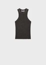 Top negro de tejido de punto fino con lúrex, cuello halter y diseño entallado.