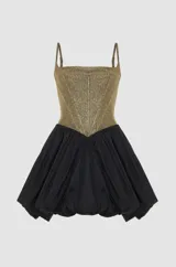 Vestido corto con corset dorado metálico y falda globo de tafetán negro.