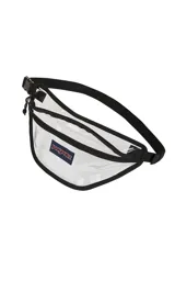 Riñonera transparente con ribetes negros y logo de JanSport en el frente. Tiene un compartimento principal con cierre y correa ajustable con hebilla.