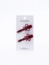 Set de dos pinzas para el pelo color borgoña, forradas en terciopelo y decoradas con un lazo.