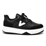 Zapatillas deportivas negras con detalles en glitter y logo blanco en el lateral.
