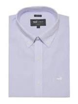 Camisa de hombre RKF Cityscape de manga larga con patrón de cuadros pequeños en tonos celeste y blanco. Tiene cuello americano abotonado, calce regular, bolsillo en el pecho con logo bordado y está confeccionada en 100% algodón.