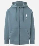Hoodie con cierre frontal, capucha y bolsillos canguro, color verde azulado. Presenta un pequeño estampado vertical en el lado izquierdo del pecho.