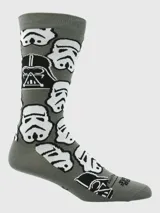 Medias de largo medio color gris con estampado temático de Star Wars, incluyendo rostros de Stormtroopers y la máscara de Darth Vader en blanco y negro.