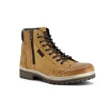 Bota de cuero color marrón, acordonada con suela dentada y cierre lateral decorativo.