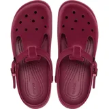 Zueco Crocs modelo Classic Clog Mary Jane Velvet, color rojo oscuro (vino/borgoña), con plataforma y tira T con hebilla metálica.