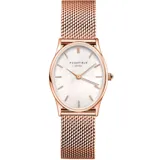 Reloj Rosefield modelo "The Oval" OWRMR-OV12, con caja ovalada de acero color oro rosa y esfera de nácar blanco. La correa es de malla de acero inoxidable color oro rosa.