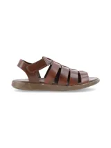 Sandalias de cuero marrón con tiras anchas entrecruzadas en el empeine, talón cubierto con ajuste de velcro y suela plana.