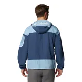 Campera cortavientos Columbia Challenger II color verde claro con bloques de color marrón en la parte superior y bolsillos.