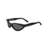 Lentes de sol negros con lentes polarizadas y montura envolvente de acetato pulido.