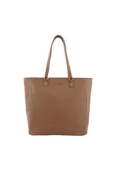 Cartera tipo shopper color marrón con textura símil cuero, doble asa de hombro y cierre superior. Incluye organizador interno y logo de la marca Las Oreiro en el frente.