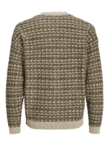 Cárdigan de punto color marrón y beige con cuello en V, cierre de botones, mangas largas con hombros caídos y fit relajado.