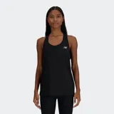 Musculosa deportiva New Balance color negro, con espalda cruzada y logo reflectante.