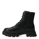Botas de mujer color negro, estilo militar o de combate, con caña media y cordones. Presentan una suela track gruesa y dentada.