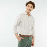 Camisa de manga larga color beige con rayas verticales grises.