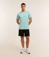 Remera deportiva gris con cuello redondo, mangas cortas, estampa heat print y detalle en los hombros. Confeccionada en tejido de malla con tecnología Dry.