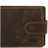 Billetera de cuero marrón con broche, 12 ranuras para tarjetas y forro interior de poliéster reciclado. Cuenta con tecnología RFID.
