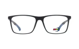 Armazón para lentes de receta MDQ modelo T02, color negro con detalles en azul en las patillas.