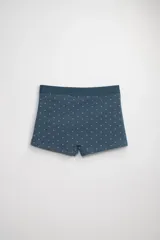 Boxer corto azul con estampado de barcos blancos.